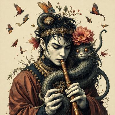 The primary subject of the image is a man with a beard, wearing a crown and holding a pipe. He is surrounded by a variety of birds, including butterflies, which are flying around him. The setting appears to be a forest, with the man and the birds coexisting in the same environment. The visual style of the image is a combination of digital art and illustration, creating a unique and intricate scene. The colors and mood of the image are vibrant and lively, with the man and